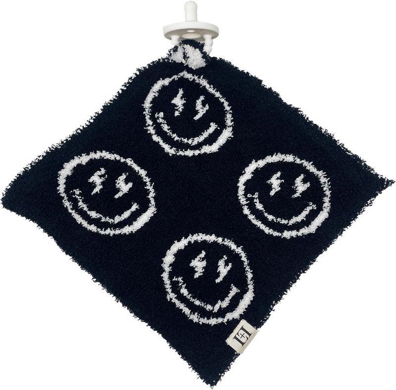 Leaps + Legends L+L USA Smiley Face Baby Lovey Pacifier/Teether Holder 10"x10" - DreamSoft Plush Fluffy Cuddly Soothie Reversible Mini Comfort Blanket - Cute Newborn Gift Essential Babies Boys and Girls (Black/White) - Image 1